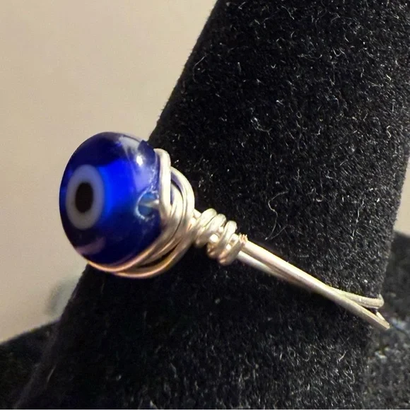 Ring - size 7 - evil eye - wire wrapped - blue & white - New! - Picture 3 of 10